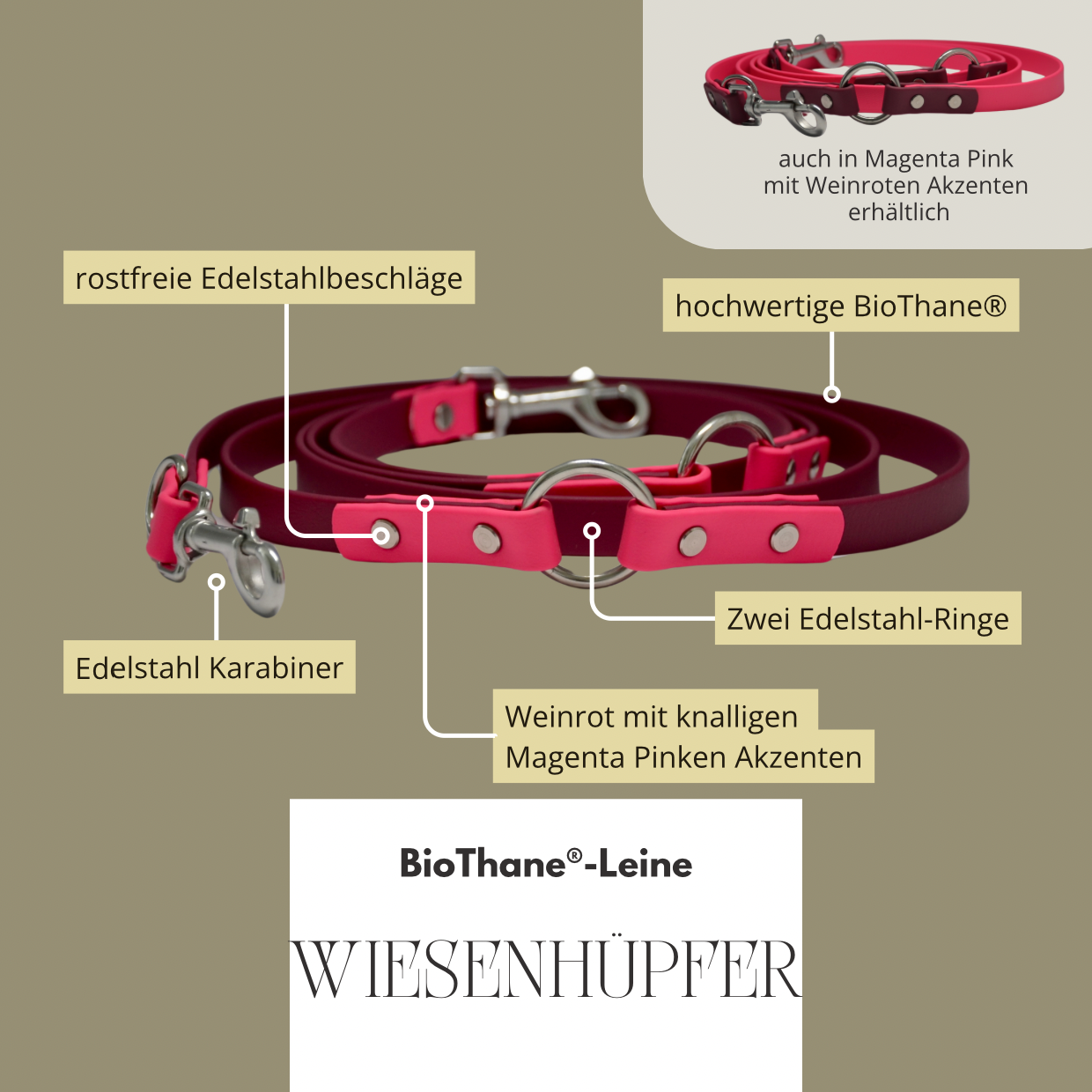 WIESENHÜPFER - BioThane® Umhängeleine in weinrot/magenta-pink