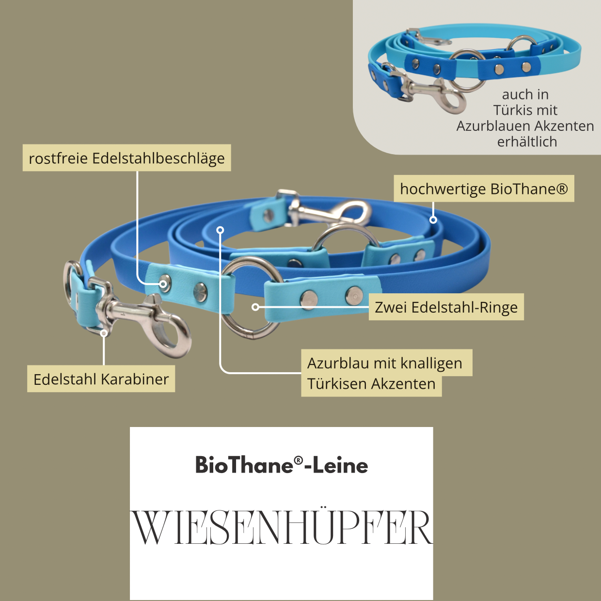 WIESENHÜPFER - BioThane® Umhängeleine in türkis/azur-blau